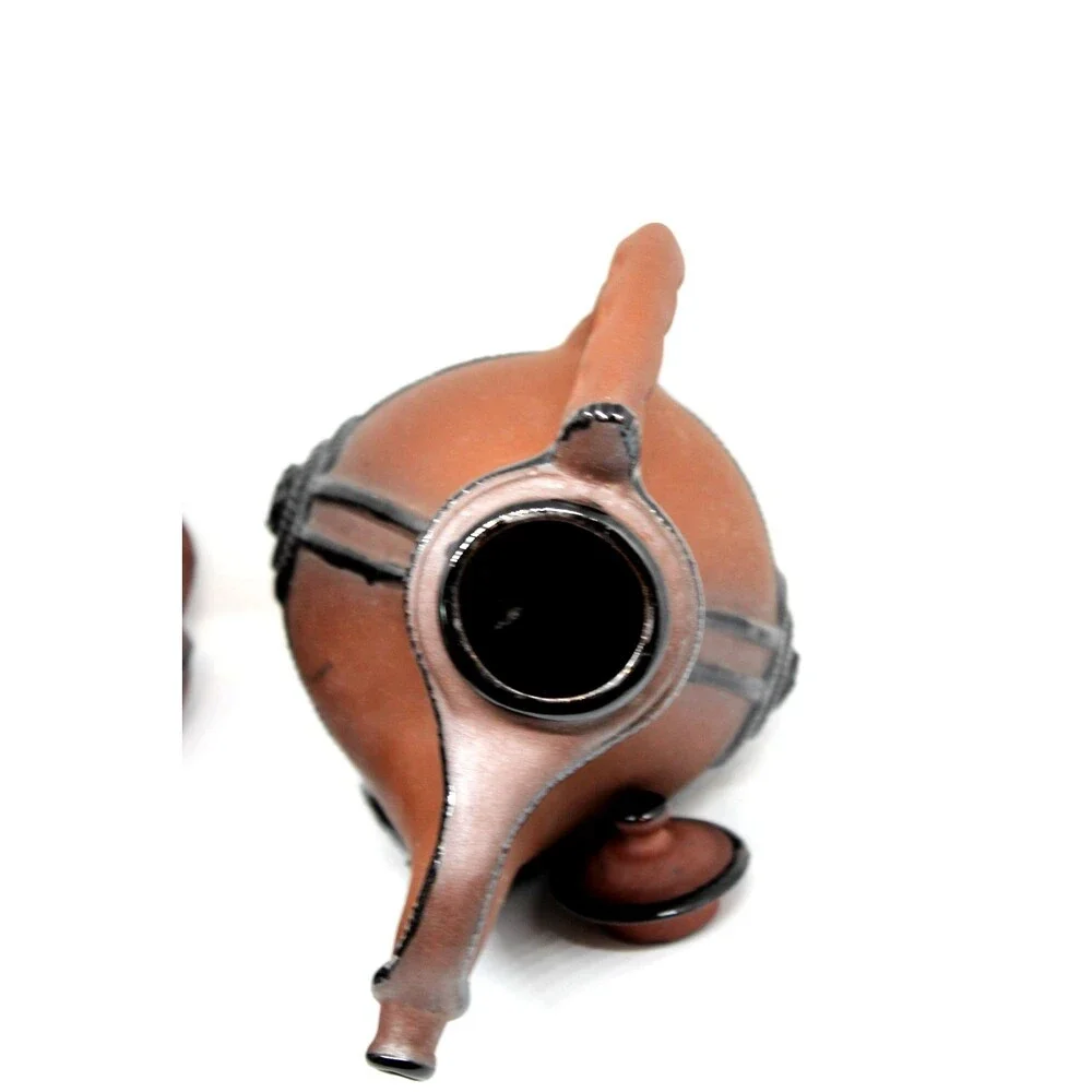 Bulgarian Clay Pottery Pitcher w/Sculptural Handle Decorative Elements 6 Mugs